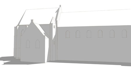 <p>Reconstructietekening van de noordzijde van de kerk in Elst, kort na de bouw van een nieuw gotisch koor in de eerste helft van de 15e eeuw. Bij de bouw hiervan werd de bestaande sacristie gespaard en opgenomen in het nieuwe gebouw. </p>
